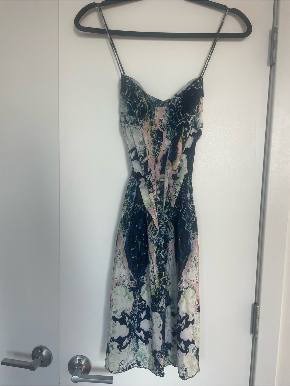 Brian Reyes Abstract Marble Print Pleated Corset Criss Cross Silk Slip Dress